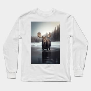 Serene Lake Reflection Nordic Winter Moose Minimalist Art Print Scandinavian Decor Long Sleeve T-Shirt